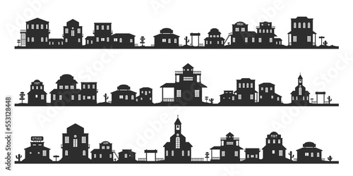 Fototapeta Naklejka Na Ścianę i Meble -  Western silhouette panorama. Wild west traditional buildings landscape, monochrome background with old country street houses. Vector collection
