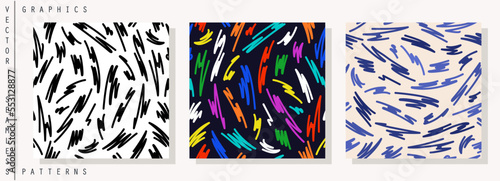 Seamless patterns. Randomly arranged zigzags, squiggles and strokes. Vector template