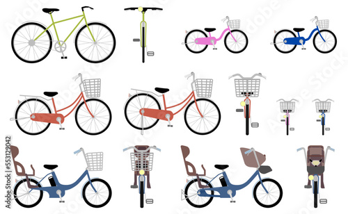 さまざまな自転車のイラスト　正面と側面