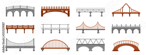 Bridge collection. Railway span iron wooden metal concrete stone footbridge, city industrial architectural construction cartoon flat style. Vector isolated set