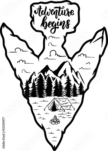 Camping emblem in arrowhead shape. Design element for poster, card, banner, emblem, sign. Vector illustration
