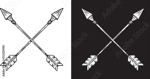 Illustration of crossed ancient arrows. Design element for poster, card, banner, emblem, sign. Vector illustration