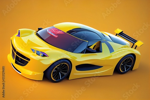 Abstract cartoon yellow sports car model  isometric view. Ai generated illustration. Generative art