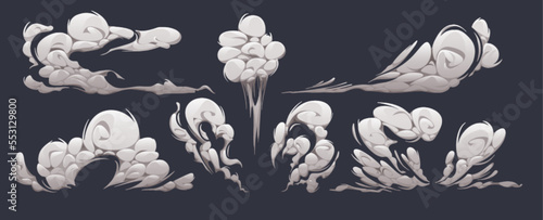 Cartoon smoke clouds, white speed trail, comic book boom effect. Steam or dust, flow mist, puff, smog or haze isolated design elements. Steaming fire or fog motion, fume Vector illustration, icons set