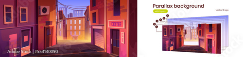 Empty city backstreet with shop and coffee house, parallax background layers. Vector cartoon illustration of urban alley, modern skyscrapers under blue sky. Morning cityscape illuminated by sunlight
