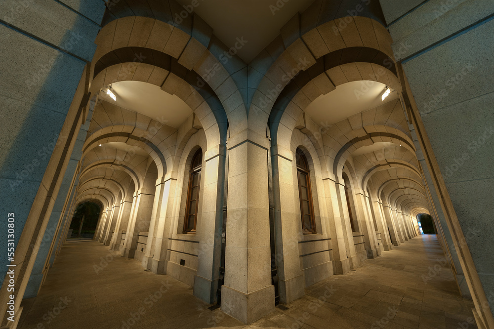 Details of corridor of classic architecture at night