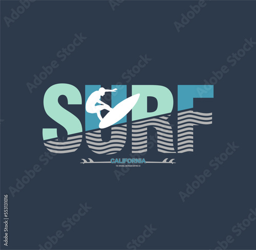 Vector illustration on the theme of surf and surfing in Hawaii. Vintage design. Typography, t-shirt graphics, poster, banner, flyer, print, postcard