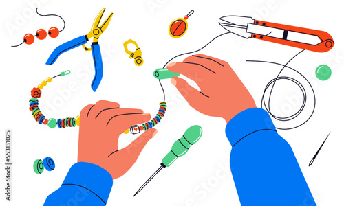 Jewelry workshop. Colorful beading spare parts bracelets necklace with tools, cartoon handmade decoration elements DIY handcraft concept. Vector set