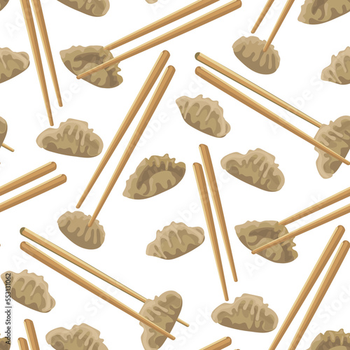 Pattern with Chinese Jiaozi dumplings and bamboo sticks. White background. Suitable for printing on textiles and paper kitchen illustrations. Packaging