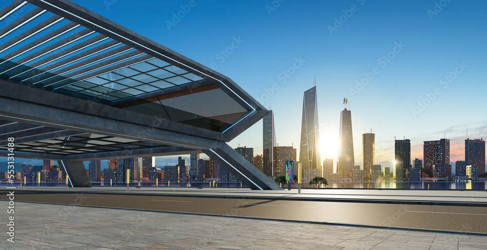 Perspective view of empty street and modern rooftop building