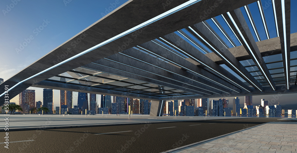 Perspective view of empty street and modern rooftop building Perspective view of empty street and modern rooftop building
