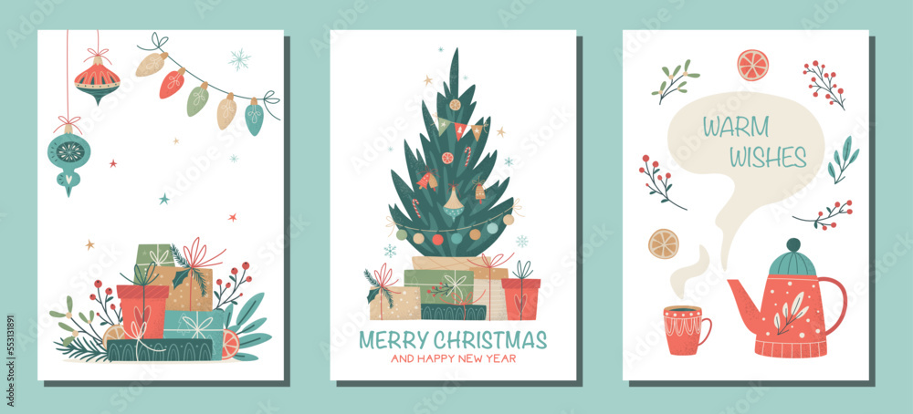 Set of Christmas greeting cards in retro style with decorated fir tree, gifts and teapot with herbals. Vector illustration. New year eve and happy winter holidays flat style concept