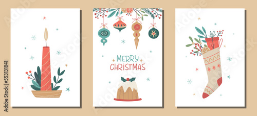 Set of Christmas greeting cards in retro style with candle, sock with gifts, pudding and floral and fir branches. Vector illustration. Xmas new year eve and happy winter holidays flat style concept