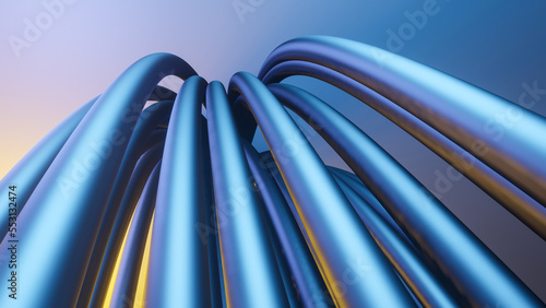 Abstract 3D render illustration of silver shiny metal tubes and lines with twisted shapes, industrial metallic futuristic object concept photo