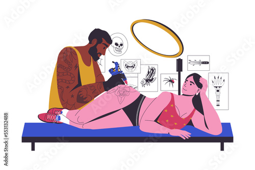 Tattoo artist work with girl. Hipster tattooist artist with woman character at tattooing salon, cartoon tatooer at work skin art concept. Vector illustration
