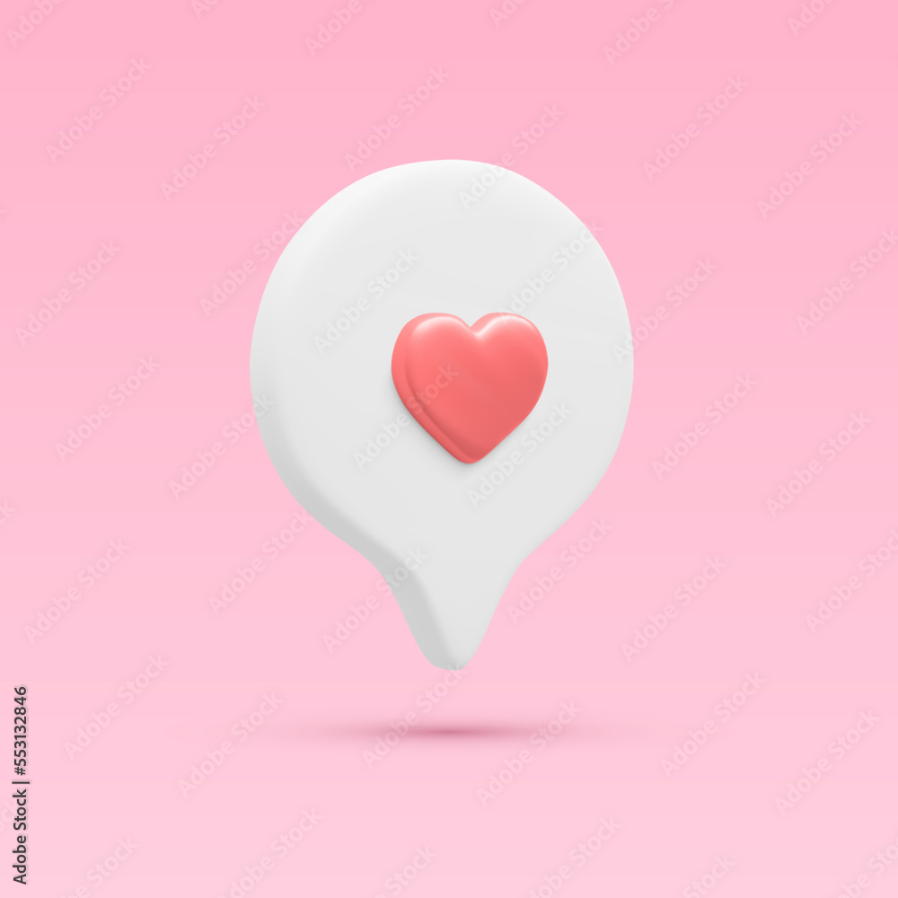 White 3d realistic bubble with red heart isolated on light background. Vector illustration