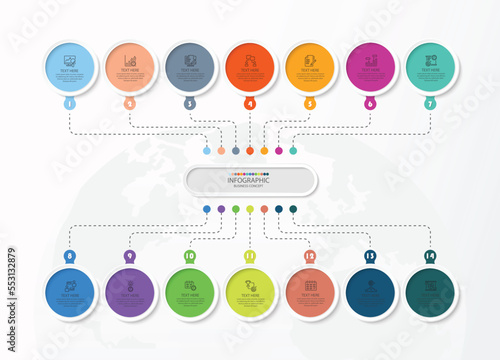 Process infographic with 14 steps, process or options.