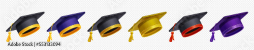 Set of graduation caps in different colors png on transparent background. Vector illustration of academic tassel hats for students graduating from college, high school or university. Education symbol