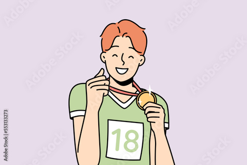 Happy sportsman shows gold medal he got. Guy won sports competitions. Boy is proud of his award. First place winner. Champion shows his achievement  prize. Vector graphics in color.
