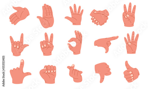 Hand gestures. Human palms and wrist showing emotions and signs, arm poses pointing fingers forefinger thumb up sign language icons. Vector cartoon set