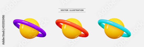 Set of planets with ring 3d icon render realistic colorful design element in cartoon minimal style