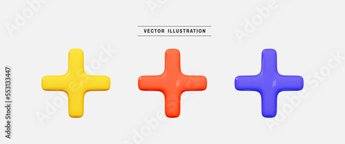 Set of plus sign 3d icon render realistic colorful design element in cartoon minimal style