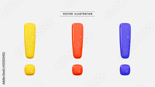 Set of exclamation sign 3d icon render realistic colorful design element in cartoon minimal style