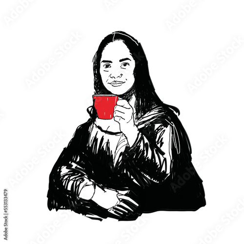 Foto Mona Lisa con taza. 
Mona Lisa with cup. 
Gioconda con coppa.