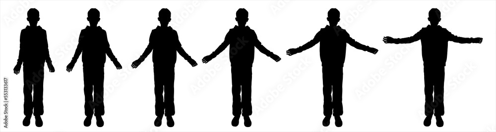 The boy slowly raises or lowers his hands. Sport. A teenager with both hands held high. The joy of a boy. Physical exercises. Front view, full face. Six black teenage silhouettes isolated on white	