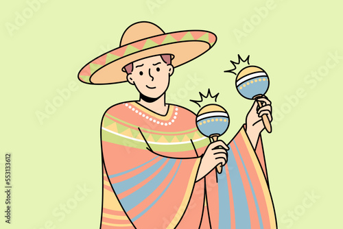 Latino man in national costume, sombrero plays maracas. Guy in traditional mexican outfit, wide-brimmed hat, holds chac-chac, shakers or cuban rattles. Vector thin line colored illustration.