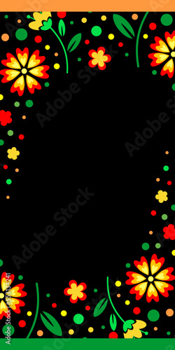 Black history month celebration vertical vector banner. Art with African colors and flowers. African-American History Month illustration for social media, card, poster. Flowers on black background.