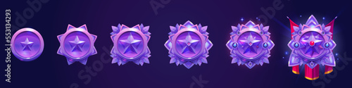 Rank badge, arcana, game award badge evolution, ui level icons. Amethyst banners from simple to luxury glowing one. Isolated bonus reward, trophy achievement and prize Cartoon vector illustration, set