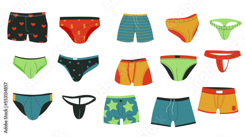 Men swimming underpants. Male swimsuit garment colorful underwear, cartoon flat boxer trunk shorts everyday brief clothing. Vector isolated set