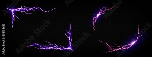 Lightning frames, electric purple thunderbolt rectangular and round borders. Energy strike photo frames, powerful discharge dazzle isolated on black background. Realistic 3d vector illustration