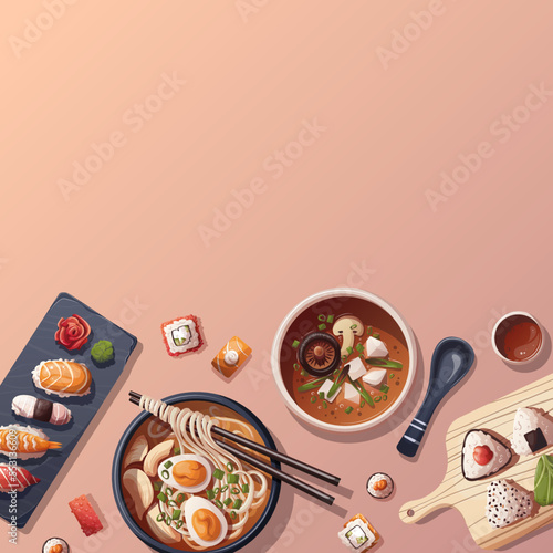 Sushi, Miso soup, ramen, onigiri. Japanese food, healthy eating, cooking, menu concept. Vector illustration. Square card, cover, poster.