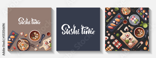 Set of cards with Sushi, Miso soup, ramen, onigiri, dango, mochi, matcha. Japanese food, healthy eating, cooking, menu concept. Vector illustration. Square card, cover, poster.