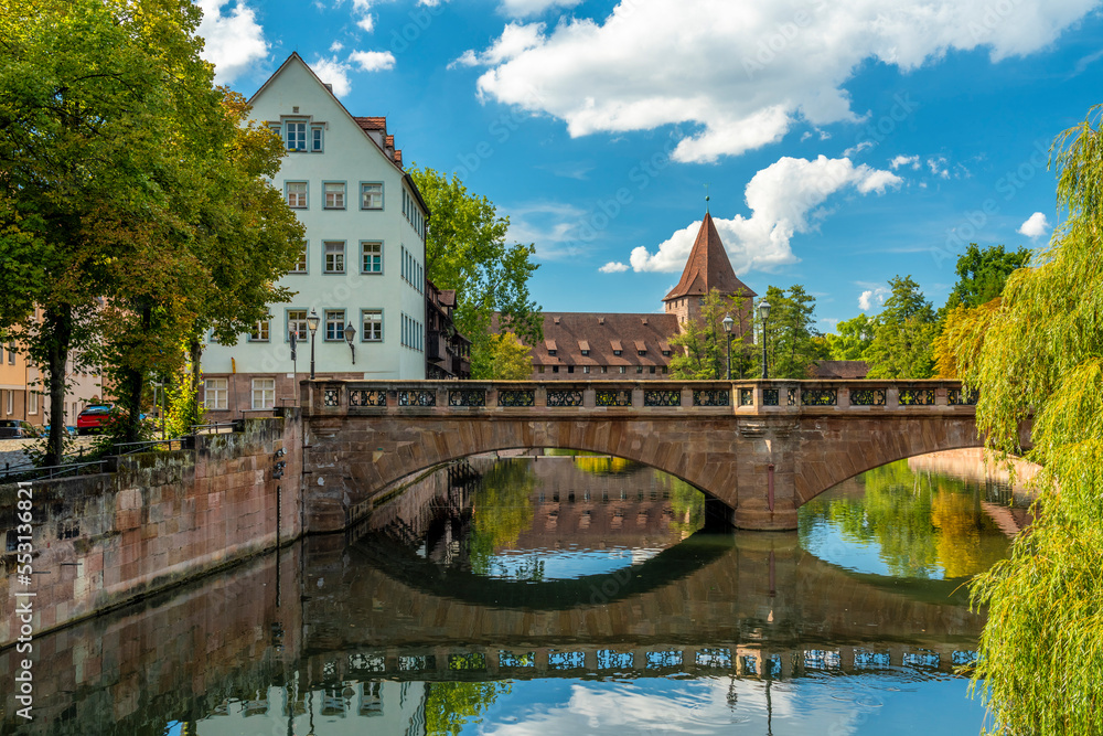 Germany, Bavaria,Nuremberg, Maximilian Bridge stretching across Pegnitz river Germany, Bavaria,Nuremberg, Maximilian Bridge stretching across Pegnitz river