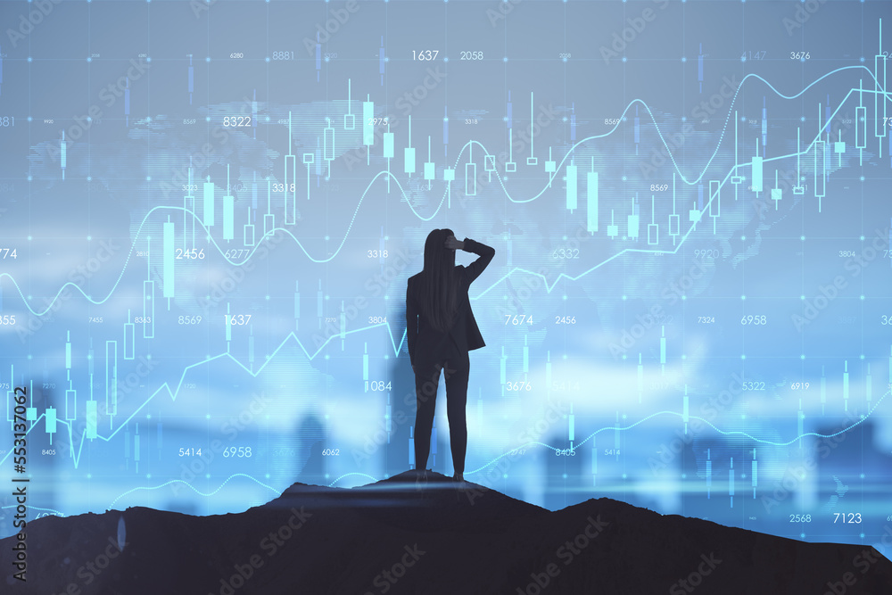 Back view of backlit female looking at glowing business forex chart hologram and grid on blurry night city background. Trade, stock, finance and invest concept. Double exposure. Back view of backlit female looking at glowing business forex chart hologram and grid on blurry night city background. Trade, stock, finance and invest concept. Double exposure.