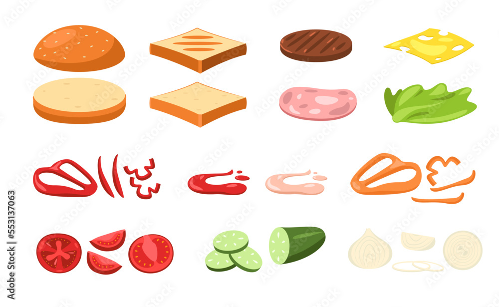Sandwich ingredients. Cartoon healthy toast with chopped organic vegetables, fast food with sliced veggies cheese tomato lettuce sauce. Vector set Sandwich ingredients. Cartoon healthy toast with chopped organic vegetables, fast food with sliced veggies cheese tomato lettuce sauce. Vector set