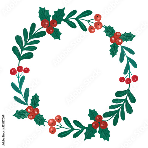 Artistic crayon textured vector winter wreath. Round floral frame with holly berry mistletoe leaves, twigs hand drawn with colored pencils. Simple cute square card with copy space isolated on white