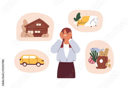 Person dreaming, thinking about house, car, planning budget on grocery food, needs. Happy excited woman wishes and financial goals, purchases. Flat vector illustration isolated on white background