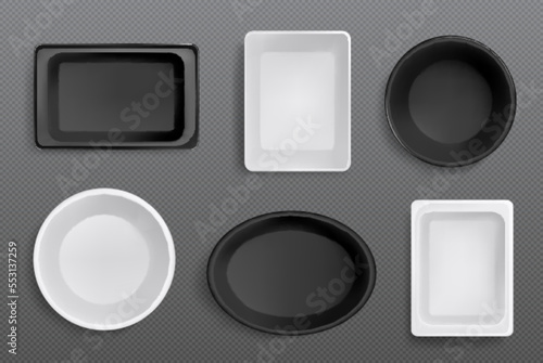 Plastic trays for food wrapping. White and black styrofoam packages different shapes. Empty containers in top view, vector realistic illustration isolated on transparent background