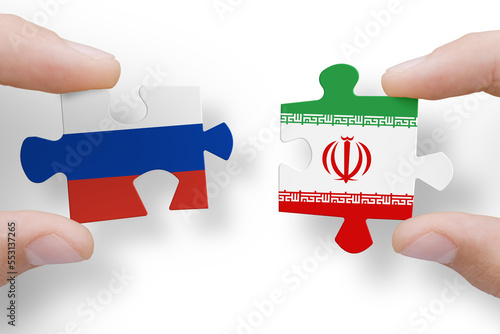 Puzzle made from flags of Russia and Iran. Russia and Iran relations and military coperations