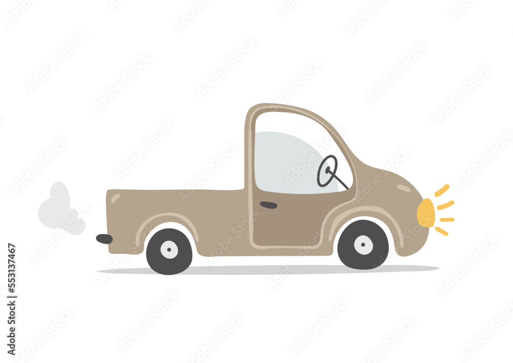 Fototapeta premium Pickup car icon, small truck, baby toy car, flat cartoon vector illustration isolated on a white background. City transport, private car, flat cartoon design.