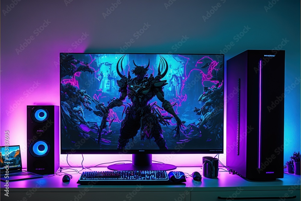 Gaming computer on desk in video gamer room with neon lights ...