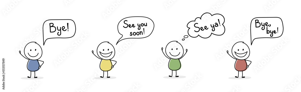 Happy cartoon people with text - bye, see ya, see you soon. Vector Happy cartoon people with text - bye, see ya, see you soon. Vector