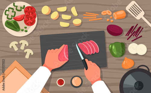 Cooking top view. Chef preparing chopping food on table, plate and board with slices cartoon vegetables healthy vegetarian meal cuisine. Vector illustration