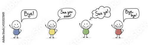 Happy cartoon people with text - bye, see ya, see you soon. Vector