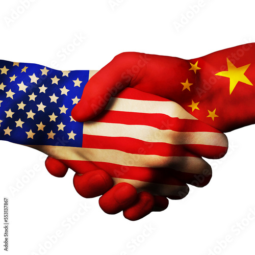 Canvas Print Two hands with American and Chinese flags shaking together