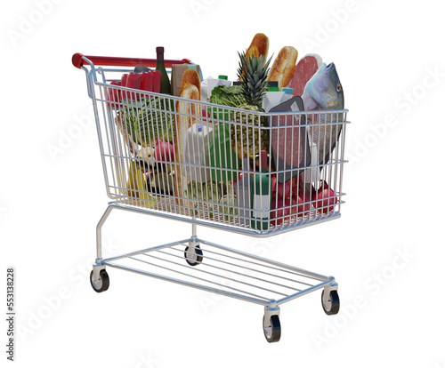 Side view of shopping cart filled with groceries and vegetables.